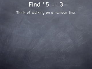 +      -
       Find 5 - 3
Think of walking on a number line.
 