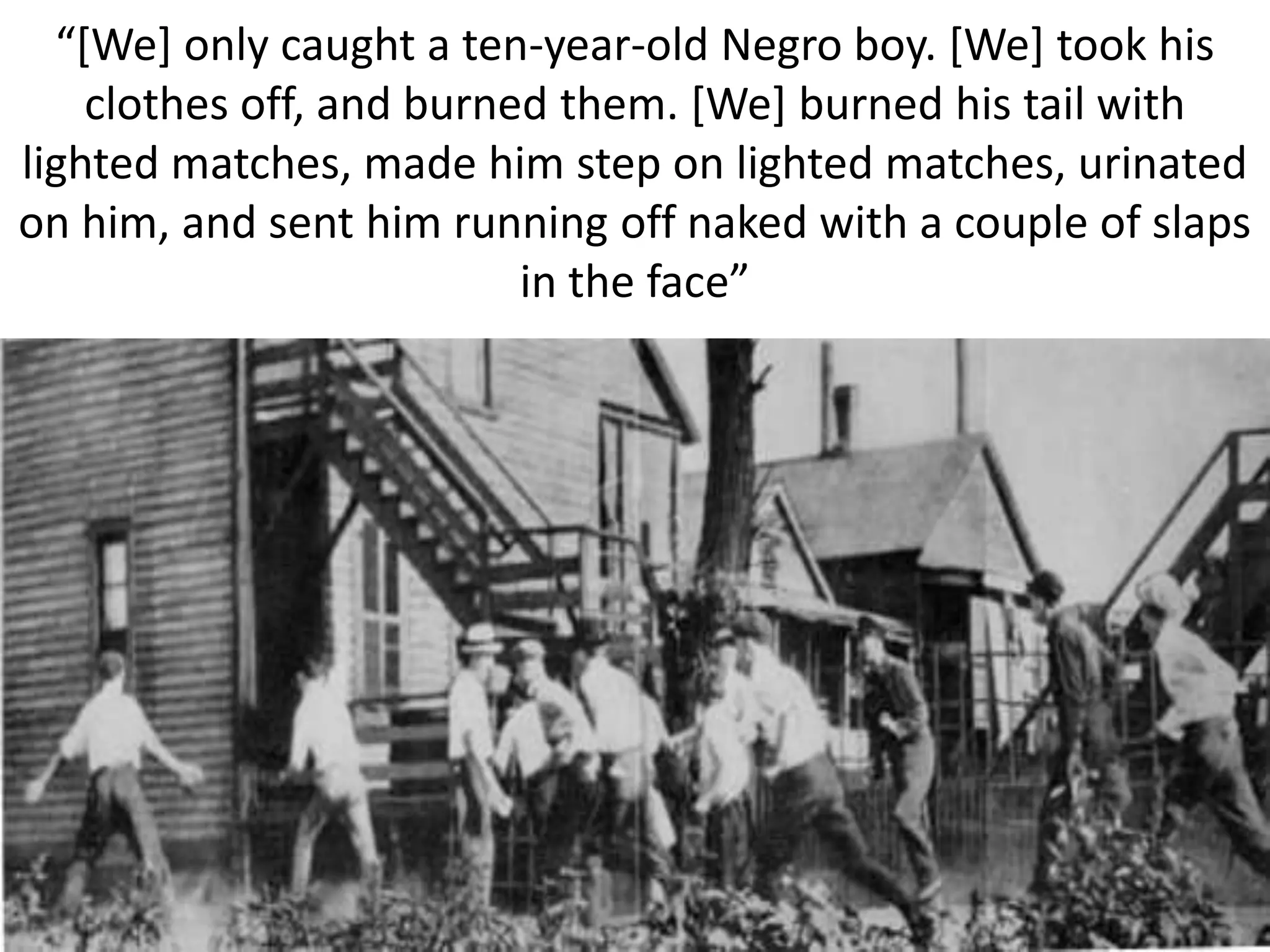 Red Summer of 1919There were 25 riots that broke out across our country.Whites came back to find blacks had moved north and taken their jobs (when blacks lost jobs they blamed whites, and vice versa)The worst violence occurred in the Chicago race riot
