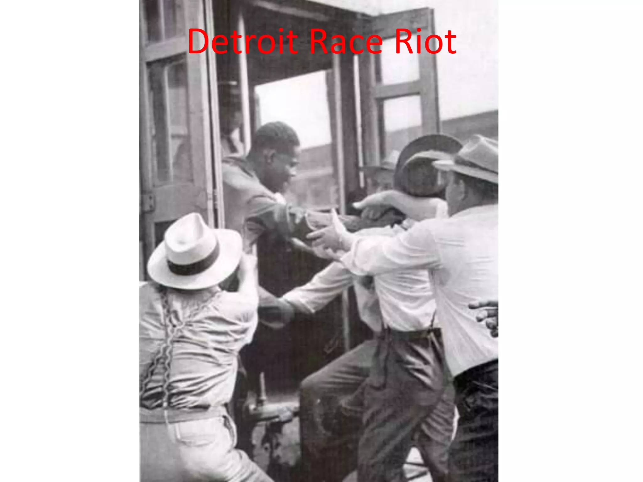 Chicago Race Riot of 1919African American man crosses the “unwritten” segregation line at a public beachWhites begin throwing rocks at him and he drownsPolice called, no whites arrested, one black man is arrested for minor offensesWord spreads of what happens, fights break out…The riot in Chicago lasted 2 weeks.38 people died and 500 were injured.Membership in the NAACP increased after this was over.