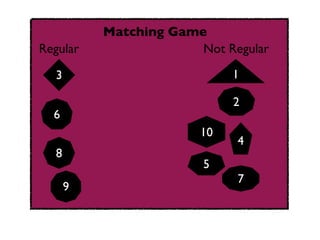 Matching Game
Regular                Not Regular

  3                          1

                             2
  6
                        10
                             4
  8
                        5
                             7
      9
 