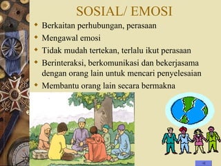 SOSIAL/ EMOSI <ul><li>Berkaitan perhubungan, perasaan </li></ul><ul><li>Mengawal emosi </li></ul><ul><li>Tidak mudah terte...