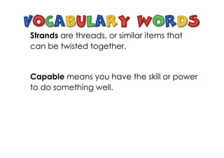 Strands are threads, or similar items that
can be twisted together.


Capable means you have the skill or power
to do something well.
 