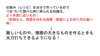 仕組み（レシピ）を自分で作っているので 
つまづいて調べた時に得られる知識は、 
より本質に近いもの！ 
（料理なら、野菜を炒める順番・野菜による切り方の違い 
等） 
↓ 
難しいものや、規模の大きなものを作るときも 
太刀打ちできるようになる！ 
 