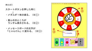 例えば① 
スタートボタンを押した時に 
↓ 
・メダルが１枚分減る。（※①） 
・真ん中のところが 
ランダム表示される。（※②） 
・メッセージボードの文字が 
「じゃんけん」に変わる。（※③） 
※ 
③ ※ 
① 
※ 
② 
 