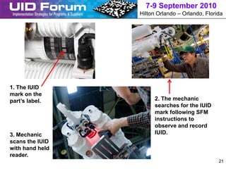 7-9 September 2010
                 Hilton Orlando – Orlando, Florida




1. The IUID
mark on the
part’s label.         2. The mechanic
                      searches for the IUID
                      mark following SFM
                      instructions to
                      observe and record
3. Mechanic           IUID.
scans the IUID
with hand held
reader.
                                                21
 