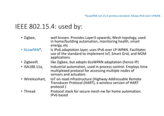 IEEE 802.15.4: used by:
• Zigbee, well known. Provides Layer3 upwards, Mesh topology, used
in home/building automation, monitoring health, smart
energy, etc
• 6LowPAN*, Is IPv6 adaptation layer, uses IPv6 over LP-WPAN. Facilitates
use of the standard to implement IoT, Smart Grid, and M2M
applications.
• ZigbeeIP, like Zigbee, but adopts 6LoWPAN adaptation (hence IP)
• ISA100.11a, Industrial automation, used in process control. Employs time
multiplexed protocol for accessing multiple nodes of
sensors and actuators
• WirelessHart, IoT on road infrastructure (Highway Addressable Remote
Transducer Protocol (HART), a wireless version of HART
protocol )
• Thread Protocol stack for secure mesh nw for home automation.
IPv6 based
*6LowPAN not 15.4 wireless standard. Allows IPv6 over LPWAN.
 