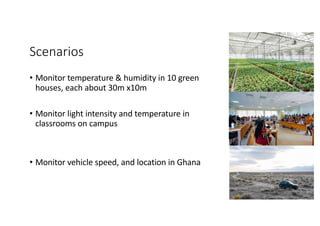 Scenarios
• Monitor temperature & humidity in 10 green
houses, each about 30m x10m
• Monitor light intensity and temperature in
classrooms on campus
• Monitor vehicle speed, and location in Ghana
 