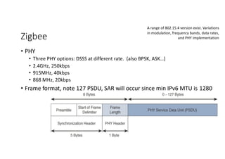 Zigbee
• PHY
• Three PHY options: DSSS at different rate. (also BPSK, ASK…)
• 2.4GHz, 250kbps
• 915MHz, 40kbps
• 868 MHz, 20kbps
• Frame format, note 127 PSDU, SAR will occur since min IPv6 MTU is 1280
A range of 802.15.4 version exist. Variations
in modulation, frequency bands, data rates,
and PHY implementation
 