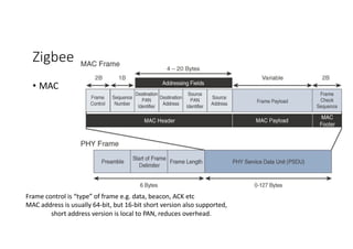Zigbee
• MAC
Frame control is “type” of frame e.g. data, beacon, ACK etc
MAC address is usually 64-bit, but 16-bit short version also supported,
short address version is local to PAN, reduces overhead.
 