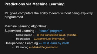 Predictions via Machine Learning
ML gives computers the ability to learn without being explicitly
programmed
Machine Learn...