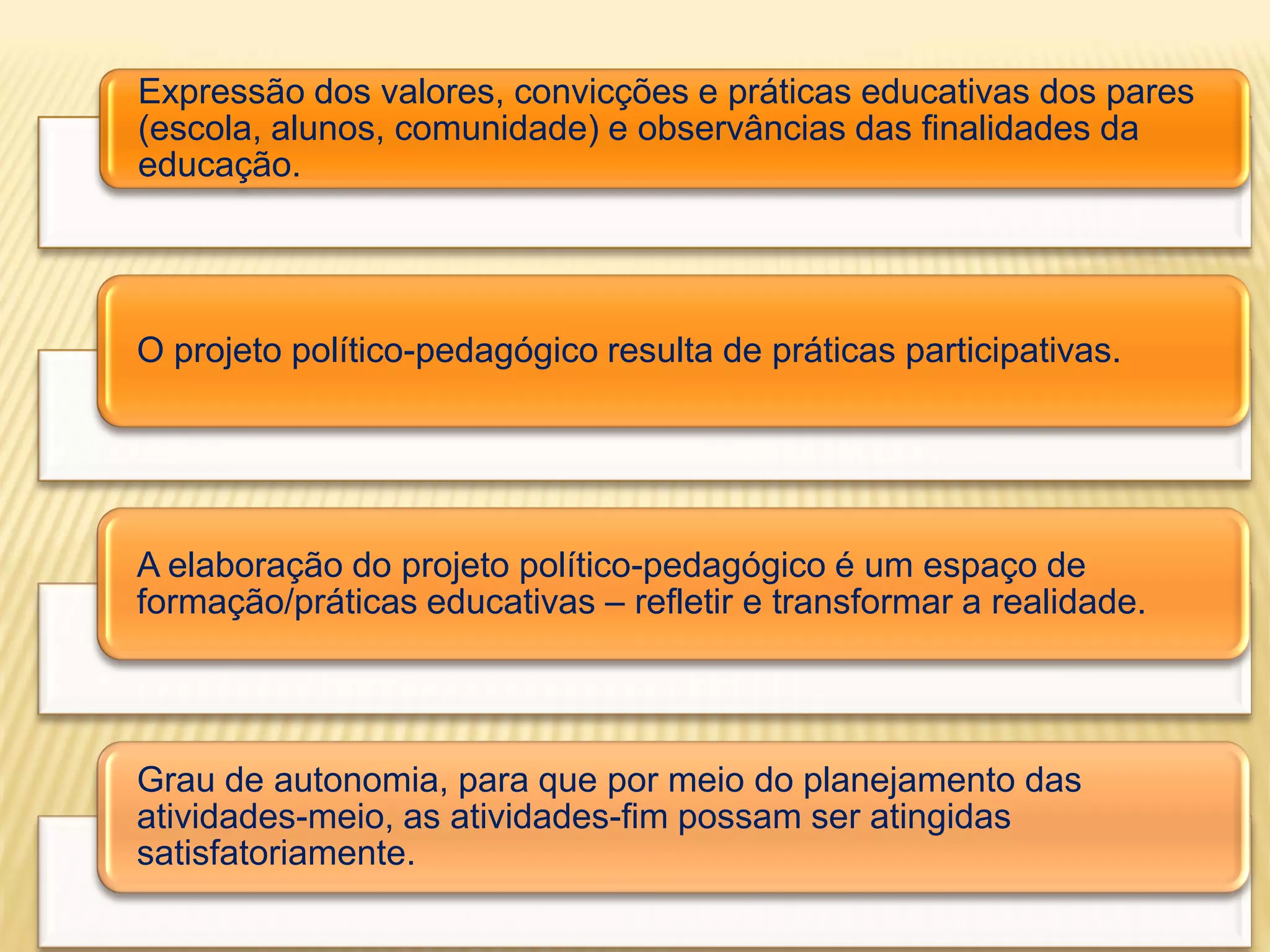 Expressão dos valores, convicções e práticas educativas dos pares
(escola, alunos, comunidade) e observâncias das finalidades da
educação.




O projeto político-pedagógico resulta de práticas participativas.




A elaboração do projeto político-pedagógico é um espaço de
formação/práticas educativas – refletir e transformar a realidade.




Grau de autonomia, para que por meio do planejamento das
atividades-meio, as atividades-fim possam ser atingidas
satisfatoriamente.
 