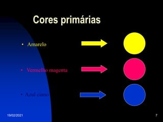 19/02/2021 7
Cores primárias
• Amarelo
• Vermelho magenta
• Azul ciano
 