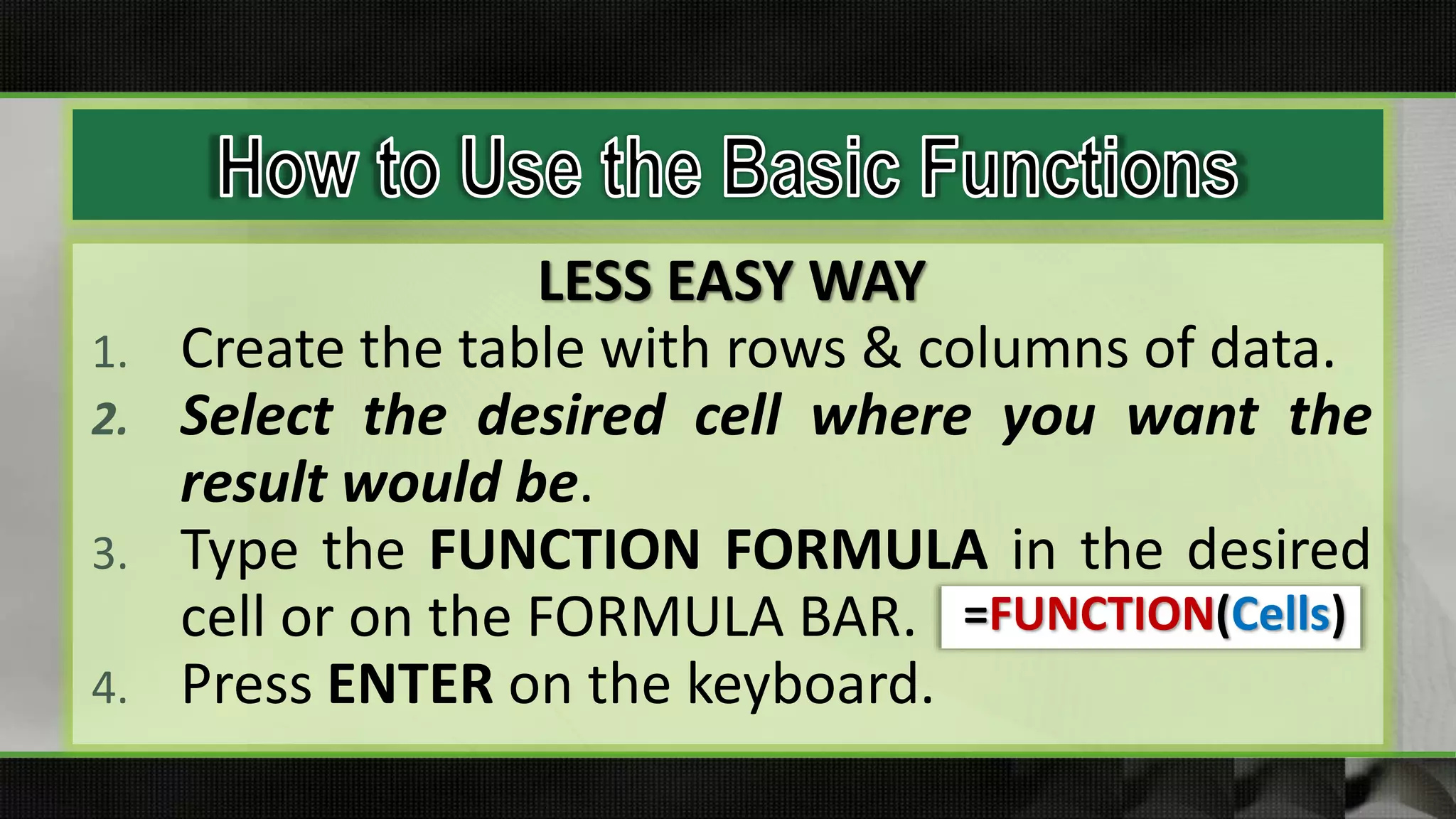 LESS EASY WAY
1. Create the table with rows & columns of data.
2. Select the desired cell where you want the
result would be.
3. Type the FUNCTION FORMULA in the desired
cell or on the FORMULA BAR.
4. Press ENTER on the keyboard.
=FUNCTION(Cells)
 
