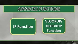 IF Function
VLOOKUP/
HLOOKUP
Function
 
