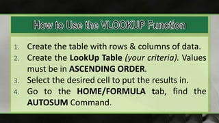 1. Create the table with rows & columns of data.
2. Create the LookUp Table (your criteria). Values
must be in ASCENDING ORDER.
3. Select the desired cell to put the results in.
4. Go to the HOME/FORMULA tab, find the
AUTOSUM Command.
 