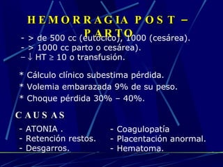 <ul><li>HEMORRAGIA POST – PARTO </li></ul><ul><li>> de 500 cc (eutócico), 1000 (cesárea). </li></ul><ul><li>> 1000 cc part...