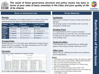 RamificationsoftheseIssues
STATE OF INFRASTRUCTURE
The result of these governance structure and policy issues has been in
terms of poor state of basic amenities in the cities and poor quality of life
of its citizens
Housing
Over 50% of Mumbai’s 18.4 million people live in slums. This can be
understood from the failure of following urban housing schemes:
Transportation
Mumbai has just 11% of its urban space dedicated to transport infra as
against 60% for Los Angeles. The urban road density was 0.91/1000
people in 2008 vs. US average of 2.09.
Electricity
Following is gap in demand and supply in India
As is evident, this supply-demand gap is progressively increasing.
Scheme
Name
Time
Completed
Planned
Expenditure
Actual Amount
Released
ISHUP 3 of 4 yrs Rs 1,100 cr Rs 6.5 cr
BSUP Complete Rs 29,770.71 cr Rs. 10,036.95 cr
IHSDP Complete Rs 11,875.63 cr Rs 5,860.86 cr
RAY 4 of 8 yrs Rs 2,479.44 cr Rs 229.45 cr
AHP 4 of 8 yrs Rs. 231.33 cr Rs 3.05 cr
Sanitation
There is just 1 toilet per 81 person in these slum areas of
Mumbai.
The drainage system of most Indian cities is severely
inadequate to handle rains
Drinking Water
It is expected that by 2015, in-spite of extensive
government plans to resolve the crisis, 90 million people
in urban areas are likely to remain without access to
clean drinking water
Medical Facilities
Urban India has just 2 hospital beds per 1000 people
against world average (includes rural areas) of 2.67
Other Areas
Indian cities are suffering from high levels of pollution,
lack of employment
Sources
1. Urbanization and urban transport in India: The sketch for a policy
2. Basic road statistics of India 200405, 200506,200607&200708
3. http://twocircles.net/book/export/html/173106
4. http://www.spartastrategy.com/blog/2011/07/indias-energy-
demand-and-supply-deficit/
5. http://www.indexmundi.com/g/r.aspx?c=in&v=2227
6. http://www.business-standard.com/article/news-ians/health-care-
in-india-skewed-towards-urban-residents-study-
113071900954_1.html
OTHER AMENITIES
 