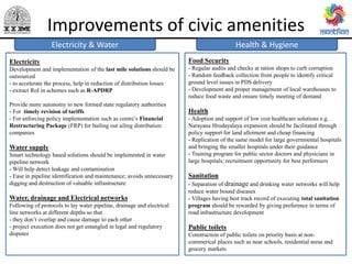 Improvements of civic amenities
Health & Hygiene
Public Health
Food Security
- Regular audits and checks at ration shops to curb corruption
- Random feedback collection from people to identify critical
ground level issues in PDS delivery
- Development and proper management of local warehouses to
reduce food waste and ensure timely meeting of demand
Health
- Adoption and support of low cost healthcare solutions e.g.
Narayana Hrudayalaya expansion should be facilitated through
policy support for land allotment and cheap financing
- Replication of the same model for large governmental hospitals
and bringing the smaller hospitals under their guidance
- Training program for public sector doctors and physicians in
large hospitals; recruitment opportunity for best performers
Sanitation
- Separation of drainage and drinking water networks will help
reduce water bound diseases
- Villages having best track record of executing total sanitation
program should be rewarded by giving preference in terms of
road infrastructure development
Public toilets
Construction of public toilets on priority basis at non-
commerical places such as near schools, residential areas and
grocery markets
Electricity & Water
Electricity
Development and implementation of the last mile solutions should be
outsourced
- to accelerate the process, help in reduction of distribution losses
- extract RoI in schemes such as R-APDRP
Provide more autonomy to new formed state regulatory authorities
- For timely revision of tariffs
- For enforcing policy implementation such as centre’s Financial
Restructuring Package (FRP) for bailing out ailing distribution
companies
Water supply
Smart technology based solutions should be implemented in water
pipeline network
- Will help detect leakage and contamination
- Ease in pipeline identification and maintenance; avoids unnecessary
digging and destruction of valuable infrastructure
Water, drainage and Electrical networks
Following of protocols to lay water pipeline, drainage and electrical
line networks at different depths so that
- they don’t overlap and cause damage to each other
- project execution does not get entangled in legal and regulatory
disputes
 