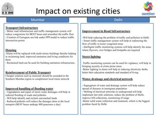 Impact on existing cities
Mumbai
Transport Infrastructure
- Better road infrastructure and traffic management system will
reduce congestions for BEST buses and smoothen the traffic flow
- Creation of Goregaon sea link under PPP model to reduce traffic
intersection points
Housing
-Slums will be replaced with multi-storey buildings thereby helping
in reclaiming land, improved sanitation and living conditions for
them
- Reclaimed land can be used for building sanitation infrastructure.
Reinforcement of Public Transport
Cheaper solution such as monorail should be extended in the
Southern Mumbai region to complement local trains network
Improved handling of flooding water
- Upgradation and repair of storm water drainages will help in
reduced flooding of roads and potholes
- Will help identify and reclaim encroached lands
- Reduced potholes will reduce the damages done to the local
transport (BEST buses undergo 800 punctures a day)
Improvement in Road Infrastructure
-Will help reducing the problem of traffic and pollution in Delhi
- Smart traffic management system will help in redirecting the
flow of traffic to lesser congested areas
- Intelligent traffic monitoring systems will help identify the areas
where flyovers, over bridges and footpaths are required
Street lighting
Traffic monitoring systems can be used for vigilance; will help in
bringing security at crime prone areas
-Better lighting in slums will help in reducing electricity thefts,
better their education standards and standard of living
Water, drainage and electrical network
- Segregation of water and drainage system will help reduce
spread of diseases in immigrant population
- Shifting of electrical networks to underground will help
implement last mile solutions, reduce the problem of thefts,
improve bill collections, monitoring of usage
-Better solid waste collection and treatment, which is the biggest
problem faced by Delhi
Delhi
 