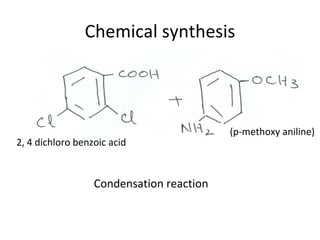 Chemical synthesis



                                          (p-methoxy aniline)
2, 4 dichloro benzoic acid


                  Condensation reaction
 