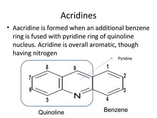 Acridines
• Aacridine is formed when an additional benzene
  ring is fused with pyridine ring of quinoline
  nucleus. Acridine is overall aromatic, though
  having nitrogen
                                     Pyridine




          Quinoline             Benzene
 