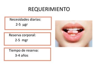 REQUERIMIENTO
Necesidades diarias:
2-5 µgr
Reserva corporal:
2-5 mgr
Tiempo de reserva:
3-4 años
 