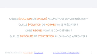QUELLE ÉVOLUTION DU MARCHÉ ALLONS-NOUS DEVOIR INTÉGRER ?
QUELLE ÉVOLUTION DE NORMES VA SE PRÉCIPITER ?
QUELS RISQUES VONT SE CONCRÉTISER ?
QUELLES DIFFICULTÉS DE CONCEPTION ALLONS-NOUS AFFRONTER ?
3© ANEO – Tous droits réservés Je veux plus de détails sur cette présentation- Vincent HOLLEY : vholley@aneo.fr
 