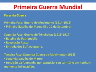 Primeira Guerra Mundial
Fases da Guerra
Primeira Fase: Guerra de Movimento (1914-1915)
• Primeira Batalha do Marne (5 a 12 de Setembro)
Segunda Fase: Guerra de Trincheiras (1915-1917)
• Batalha de Pashendalle
• Revolução Russa
• Entrada dos EUA na guerra.
Terceira Fase: Segunda Guerra de Movimento (1918)
• Segunda batalha do Marne
• rendição da Alemanha por exaustão, seu território em nenhum
momento foi invadido.
 