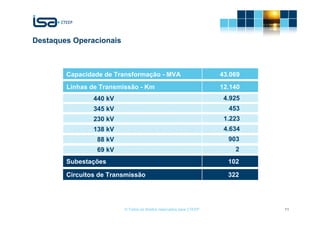 Destaques Operacionais



        Capacidade de Transformação - MVA                            43.069
        Linhas de Transmissão - Km                                   12.140
                440 kV                                                4.925
                345 kV                                                 453
                230 kV                                                1.223
                138 kV                                                4.634
                 88 kV                                                 903
                 69 kV                                                   2
        Subestações                                                    102

        Circuitos de Transmissão                                       322




                         © Todos os direitos reservados para CTEEP            11
 