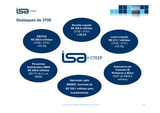 Destaques do 3T08
                                    Receita Líquida
                                   R$ 448,8 milhões
                                     (3T08 / 3T07)
                                       + 28,2%
           EBITDA                                                      Lucro Líquido
       R$ 369,6 milhões                                               R$ 231,1 milhões
         (3T08 / 3T07)                                                  (3T08 / 3T07)
            +17,1%                                                         +17,7%




         Proventos
     Distribuídos 9M08                                                    Assinatura do
     R$ 446,8 milhões                                                      Contrato IE
      (69,7% do LL no                                                   Pinheiros e IESul
            9M08)                                                        (RAP de R$29,0
                                  Aprovado, pelo                            milhões)
                              BNDES, recursos de
                             R$ 329,1 milhões para
                                   investimentos



                          © Todos os direitos reservados para CTEEP                         2
 