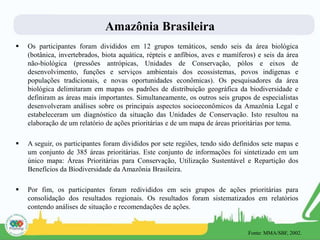Amazônia Brasileira
 Os participantes foram divididos em 12 grupos temáticos, sendo seis da área biológica
(botânica, invertebrados, biota aquática, répteis e anfíbios, aves e mamíferos) e seis da área
não-biológica (pressões antrópicas, Unidades de Conservação, pólos e eixos de
desenvolvimento, funções e serviços ambientais dos ecossistemas, povos indígenas e
populações tradicionais, e novas oportunidades econômicas). Os pesquisadores da área
biológica delimitaram em mapas os padrões de distribuição geográfica da biodiversidade e
definiram as áreas mais importantes. Simultaneamente, os outros seis grupos de especialistas
desenvolveram análises sobre os principais aspectos socioeconômicos da Amazônia Legal e
estabeleceram um diagnóstico da situação das Unidades de Conservação. Isto resultou na
elaboração de um relatório de ações prioritárias e de um mapa de áreas prioritárias por tema.
 A seguir, os participantes foram divididos por sete regiões, tendo sido definidos sete mapas e
um conjunto de 385 áreas prioritárias. Este conjunto de informações foi sintetizado em um
único mapa: Áreas Prioritárias para Conservação, Utilização Sustentável e Repartição dos
Benefícios da Biodiversidade da Amazônia Brasileira.
 Por fim, os participantes foram redivididos em seis grupos de ações prioritárias para
consolidação dos resultados regionais. Os resultados foram sistematizados em relatórios
contendo análises de situação e recomendações de ações.
Fonte: MMA/SBF, 2002.
 