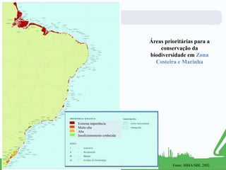 Áreas prioritárias para a
conservação da
biodiversidade em Zona
Costeira e Marinha
Extrema importância
Muito alta
Alta
Insuficientemente conhecida
Fonte: MMA/SBF, 2002.
 