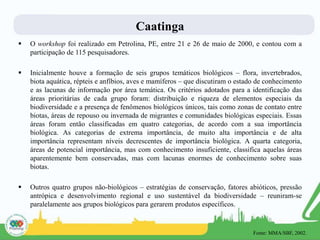 Caatinga
 O workshop foi realizado em Petrolina, PE, entre 21 e 26 de maio de 2000, e contou com a
participação de 115 pesquisadores.
 Inicialmente houve a formação de seis grupos temáticos biológicos – flora, invertebrados,
biota aquática, répteis e anfíbios, aves e mamíferos – que discutiram o estado de conhecimento
e as lacunas de informação por área temática. Os critérios adotados para a identificação das
áreas prioritárias de cada grupo foram: distribuição e riqueza de elementos especiais da
biodiversidade e a presença de fenômenos biológicos únicos, tais como zonas de contato entre
biotas, áreas de repouso ou invernada de migrantes e comunidades biológicas especiais. Essas
áreas foram então classificadas em quatro categorias, de acordo com a sua importância
biológica. As categorias de extrema importância, de muito alta importância e de alta
importância representam níveis decrescentes de importância biológica. A quarta categoria,
áreas de potencial importância, mas com conhecimento insuficiente, classifica aquelas áreas
aparentemente bem conservadas, mas com lacunas enormes de conhecimento sobre suas
biotas.
 Outros quatro grupos não-biológicos – estratégias de conservação, fatores abióticos, pressão
antrópica e desenvolvimento regional e uso sustentável da biodiversidade – reuniram-se
paralelamente aos grupos biológicos para gerarem produtos específicos.
Fonte: MMA/SBF, 2002.
 