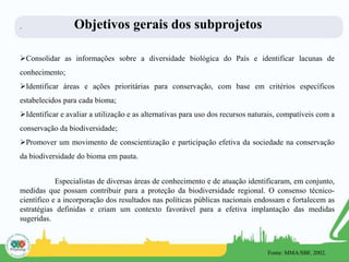 . Objetivos gerais dos subprojetos
Consolidar as informações sobre a diversidade biológica do País e identificar lacunas de
conhecimento;
Identificar áreas e ações prioritárias para conservação, com base em critérios específicos
estabelecidos para cada bioma;
Identificar e avaliar a utilização e as alternativas para uso dos recursos naturais, compatíveis com a
conservação da biodiversidade;
Promover um movimento de conscientização e participação efetiva da sociedade na conservação
da biodiversidade do bioma em pauta.
Especialistas de diversas áreas de conhecimento e de atuação identificaram, em conjunto,
medidas que possam contribuir para a proteção da biodiversidade regional. O consenso técnico-
científico e a incorporação dos resultados nas políticas públicas nacionais endossam e fortalecem as
estratégias definidas e criam um contexto favorável para a efetiva implantação das medidas
sugeridas.
Fonte: MMA/SBF, 2002.
 