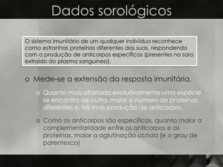 Dados sorológicos

O sistema imunitário de um qualquer indivíduo reconhece
como estranhas proteínas diferentes das suas, respondendo
com a produção de anticorpos específicos (presentes no soro
extraído do plasma sanguíneo).


o Mede-se a extensão da resposta imunitária.
   o Quanto mais afastada evolutivamente uma espécie
     se encontra de outra, maior o número de proteínas
     diferentes e, há mais produção de anticorpos.

   o Como os anticorpos são específicos, quanto maior a
     complementaridade entre os anticorpos e as
     proteínas, maior a aglutinação obtida (e o grau de
     parentesco)
 