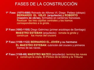 FASES  DE LA CONSTRUCCIÓN 1ª  Fase   (1075-l088)  Reinado de Alfonso VI. Diego  Peláez (obispo)  BERNARDO  EL   VI EJ O  (arquitecto)  y  ROBERTO  (maestr o  de  obras),  formados en canterías francesas .  Realizan  l as tres ca pil las centr ale s  y  los tramos correspondientes a la  g irola  .  2ª Fase   (1093-1105)  Diego  G elmírez (primer arzobispo de Santiago) MAESTR O  ESTEBAN   (arquitecto):  remata la  g irola  y  constr uye   los muros d el  crucero  3ª Fase   (1109-1122)   BERNARDO  EL   J OVEN  y  su  he rm a no  EL  MAESTR O  ESTEBAN : cubrición d el  crucero  y  primeros tramos de las naves.  4ª Fase   (1168-88)   MAESTR O  MATEO   (arquitecto):  termina las naves  y   constr uy e la cripta , El  Pórtico de la Gloria  y  la Tribuna  
