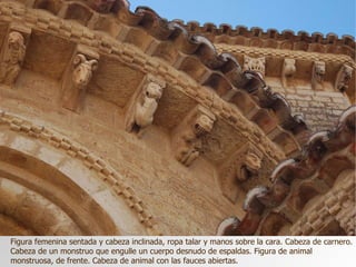 Figura femenina sentada y cabeza inclinada, ropa talar y manos sobre la cara. Cabeza de carnero. Cabeza de un monstruo que engulle un cuerpo desnudo de espaldas. Figura de animal monstruosa, de frente. Cabeza de animal con las fauces abiertas. 