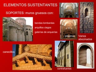 ELEMENTOS SUSTENTANTES SOPORTES:  muros gruesos con:  Vanos abocinados canecillos contrafuertes   pilastras galerías de arquerías  arquillos ciegos  bandas lombardas  