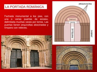 Fachada monumental a los pies, con una o varias puertas de acceso, delimitada muchas veces por torres. Las puertas tienen arquivoltas abocinadas y tímpano con relieves.  LA PORTADA ROMÁNICA PORTADA ROMÁNICA   ARQUIVOLTAS  DINTEL TÍMPANO PARTELUZ JAMBAS 