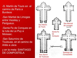 -S. Martín de Tours en  el camino de Paris a Burdeos -San Martial de Limoges entre Vezelay y Perigueux. - Santa Fe de Conques en la ruta de Le Puy a Moissac. - San Saturnino de Toulouse, en el camino de Arlés a Jaca  y en la meta: SANTIAGO DE COMPOSTELA San Martín de Tours San Marcial de Limoges Santa Fe de Conques San Sernin de Toulouse  Santiago de Compostela 