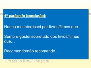 4º parágrafo (conclusão):
Nunca me interessei por livros/filmes que…
Sempre gostei sobretudo dos livros/filmes
que…
Recomendo/não recomendo…
Um ótimo livro/filme para…
 