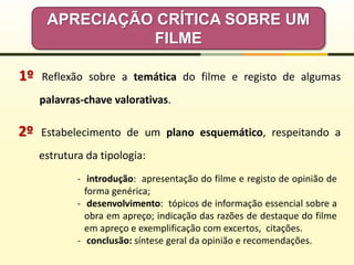 APRECIAÇÃO CRÍTICA SOBRE UM
FILME
1º Reflexão sobre a temática do filme e registo de algumas
palavras-chave valorativas.
2º Estabelecimento de um plano esquemático, respeitando a
estrutura da tipologia:
- introdução: apresentação do filme e registo de opinião de
forma genérica;
- desenvolvimento: tópicos de informação essencial sobre a
obra em apreço; indicação das razões de destaque do filme
em apreço e exemplificação com excertos, citações.
- conclusão: síntese geral da opinião e recomendações.
 