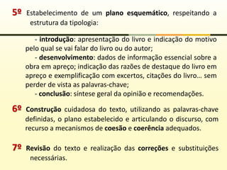 5º Estabelecimento de um plano esquemático, respeitando a
estrutura da tipologia:
- introdução: apresentação do livro e indicação do motivo
pelo qual se vai falar do livro ou do autor;
- desenvolvimento: dados de informação essencial sobre a
obra em apreço; indicação das razões de destaque do livro em
apreço e exemplificação com excertos, citações do livro… sem
perder de vista as palavras-chave;
- conclusão: síntese geral da opinião e recomendações.
6º Construção cuidadosa do texto, utilizando as palavras-chave
definidas, o plano estabelecido e articulando o discurso, com
recurso a mecanismos de coesão e coerência adequados.
7º Revisão do texto e realização das correções e substituições
necessárias.
 