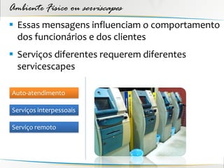 Ambiente Físico ou serviscapes
 Essas mensagens influenciam o comportamento
  dos funcionários e dos clientes
 Serviços diferentes requerem diferentes
  servicescapes

Auto-atendimento

Serviços interpessoais

Serviço remoto
 