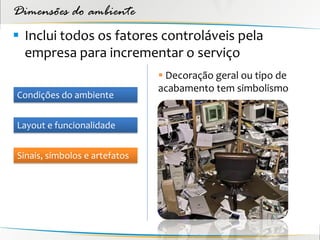 Dimensões do ambiente
 Inclui todos os fatores controláveis pela
  empresa para incrementar o serviço
                                Decoração geral ou tipo de
                               acabamento tem simbolismo
Condições do ambiente


Layout e funcionalidade


Sinais, símbolos e artefatos
 