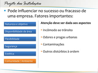 Projeto das Instalações
 Pode influenciar no sucesso ou fracasso de
  uma empresa. Fatores importantes:
Natureza e objetivo       Atenção deve ser dada aos aspectos

Disponibilidade de área    Incômodo ao trânsito

Flexibilidade
                           Odores e pragas urbanas

                           Contaminações
Segurança
                           Outros distúrbios à ordem
Estética

Comunidade / Ambiente
 