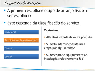 Layout das Instalações
 A primeira escolha é o tipo de arranjo físico a
  ser escolhido
 Este depende da classificação do serviço
                             Vantagens
Posicional

                              Alta flexibilidade de mix e produto
Funcional ou departamental
                              Suporta interrupções de uma
Celular                      etapa por algum tempo

Linear
                              Supervisão de equipamentos e
                             instalações relativamente fácil
 