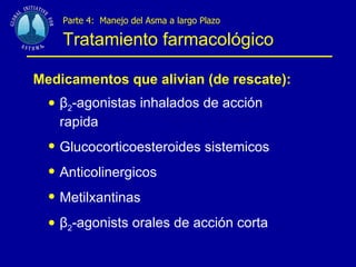 Parte 4:  Manejo del Asma a largo Plazo Tratamiento farmacológico Medicamentos que alivian (de rescate): β 2 -agonistas inhalados de acción rapida Glucocorticoesteroides sistemicos Anticolinergicos Metilxantinas β 2 -agonists orales de acción corta 