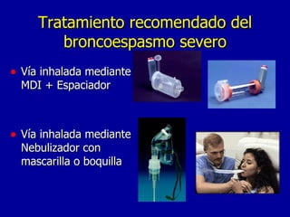 Tratamiento recomendado del broncoespasmo severo Vía inhalada mediante MDI + Espaciador Vía inhalada mediante Nebulizador con mascarilla o boquilla 