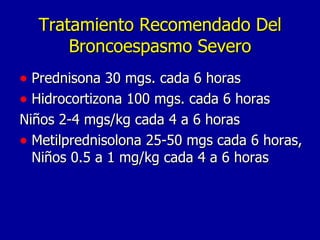 Tratamiento Recomendado Del Broncoespasmo Severo Prednisona 30 mgs. cada 6 horas Hidrocortizona 100 mgs. cada 6 horas Niños 2-4 mgs/kg cada 4 a 6 horas Metilprednisolona 25-50 mgs cada 6 horas, Niños 0.5 a 1 mg/kg cada 4 a 6 horas 